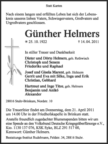 Traueranzeige von Günther Helmers von KREISZEITUNG SYKE