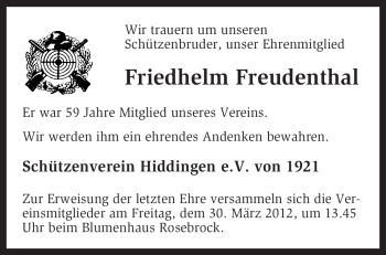 Traueranzeige von Friedhelm Freudenthal von KREISZEITUNG SYKE