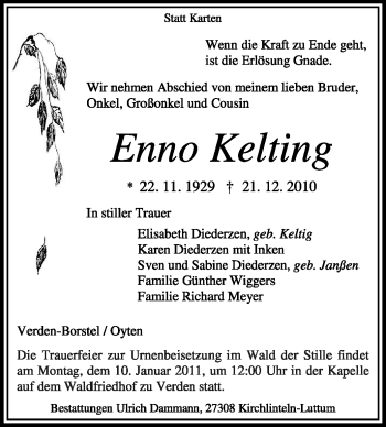 Traueranzeige von Enno Kelting von KREISZEITUNG SYKE