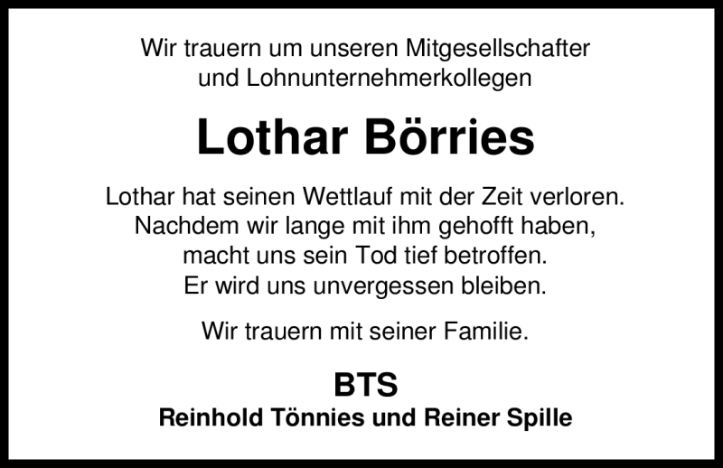  Traueranzeige für Lothar Börries vom 06.10.2009 aus KREISZEITUNG SYKE