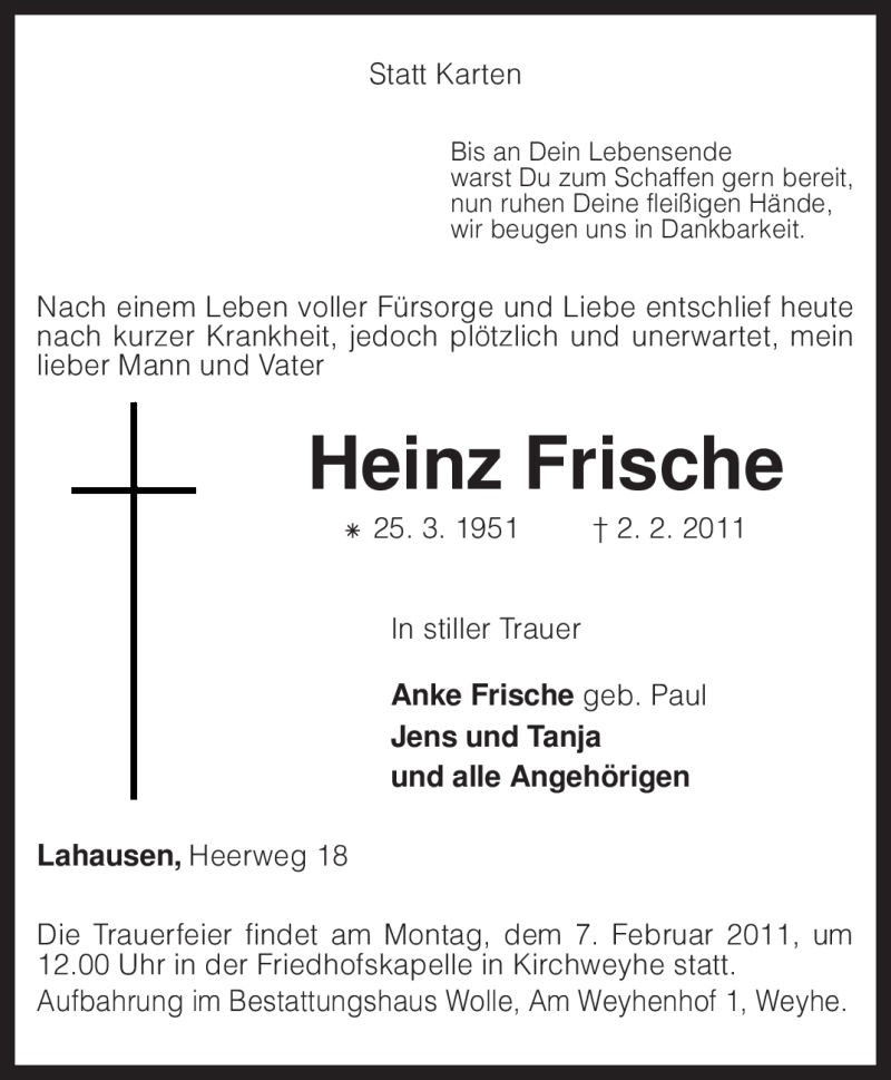  Traueranzeige für Heinz Frische vom 04.02.2011 aus KREISZEITUNG SYKE