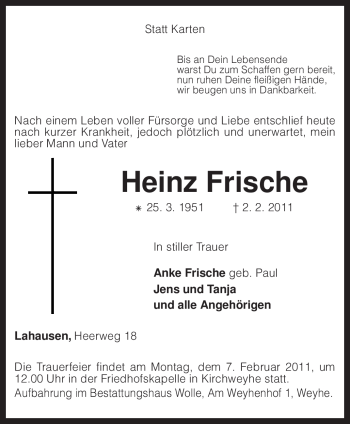 Traueranzeige von Heinz Frische von KREISZEITUNG SYKE