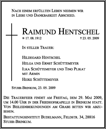 Traueranzeige von Raimund Hentschel von KREISZEITUNG SYKE