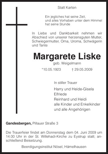 Traueranzeige von Margarete Liske von KREISZEITUNG SYKE