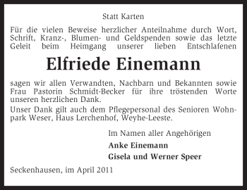 Traueranzeige von Elfriede Einemann von KREISZEITUNG SYKE