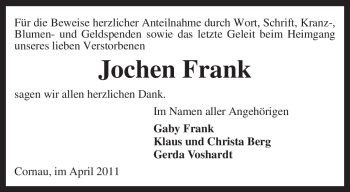 Traueranzeige von Jochen Frank von KREISZEITUNG SYKE