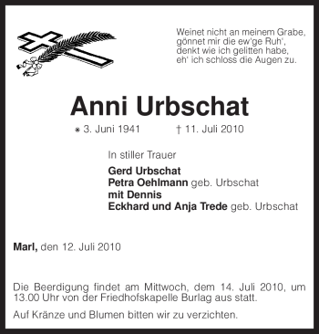 Traueranzeige von Anni Urbschat von KREISZEITUNG SYKE