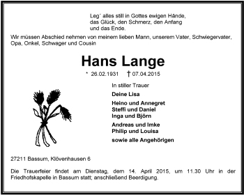 Traueranzeige von Hans Lange von KRZ