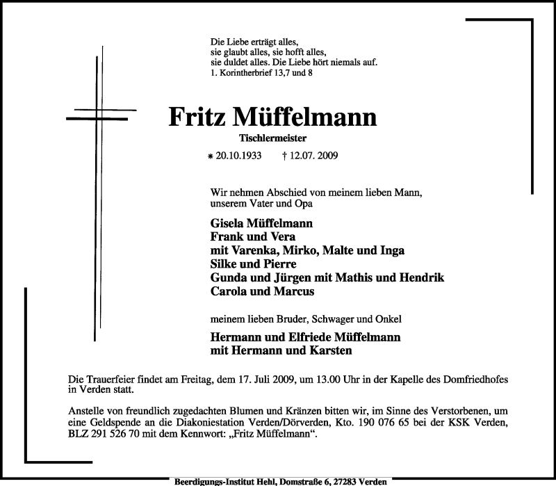  Traueranzeige für Fritz Müffelmann vom 14.07.2009 aus KREISZEITUNG SYKE