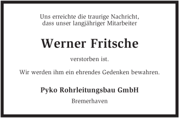 Traueranzeige von Werner Fritsche von KREISZEITUNG SYKE