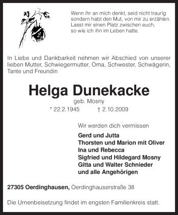 Traueranzeige von Helga Dunekacke von KREISZEITUNG SYKE