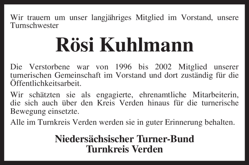  Traueranzeige für Rösi Kuhlmann vom 04.12.2009 aus KREISZEITUNG SYKE