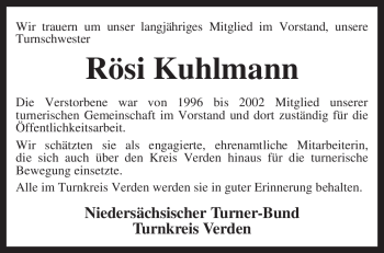 Traueranzeige von Rösi Kuhlmann von KREISZEITUNG SYKE