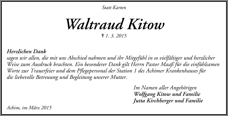  Traueranzeige für Waltraud Kitow vom 14.03.2015 aus KRZ
