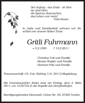Traueranzeige von Gritli Fuhrmann von KREISZEITUNG SYKE
