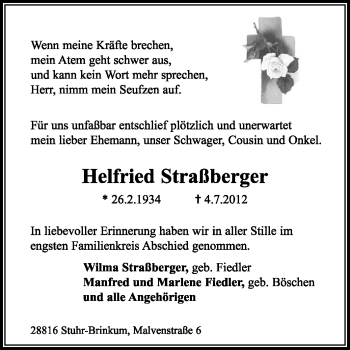 Traueranzeige von Helfried Straßberger von KREISZEITUNG SYKE