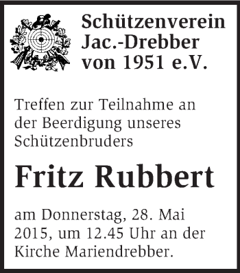 Traueranzeige von Fritz Rubbert von KRZ