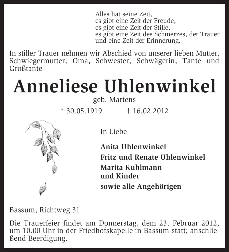  Traueranzeige für Anneliese Uhlenwinkel vom 20.02.2012 aus KREISZEITUNG SYKE