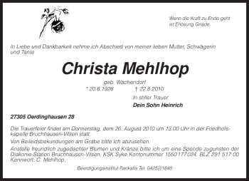 Traueranzeige von Christa Mehlhop von KREISZEITUNG SYKE