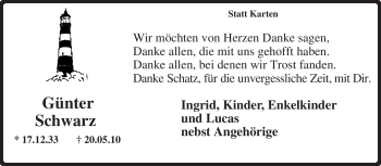 Traueranzeige von Günter Schwarz von KREISZEITUNG SYKE