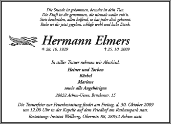 Traueranzeige von Hermann Elmers von KREISZEITUNG SYKE