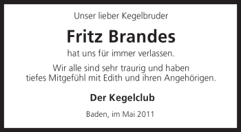 Traueranzeige von Fritz Brandes von KREISZEITUNG SYKE