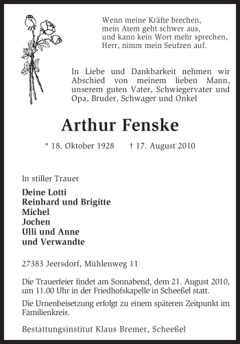 Traueranzeige von Arthur Fenske von KREISZEITUNG SYKE