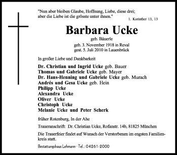 Traueranzeige von Barbara Ucke von KREISZEITUNG SYKE