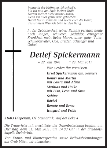 Traueranzeige von Detlef Spickermann von KREISZEITUNG SYKE