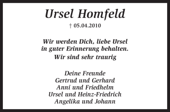 Traueranzeige von Ursel Homfeld von KREISZEITUNG SYKE