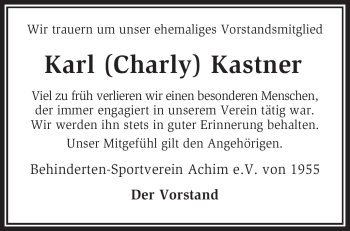 Traueranzeige von Karl Kastner von KREISZEITUNG SYKE