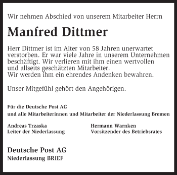 Traueranzeige von Manfred Dittmer von KRZ