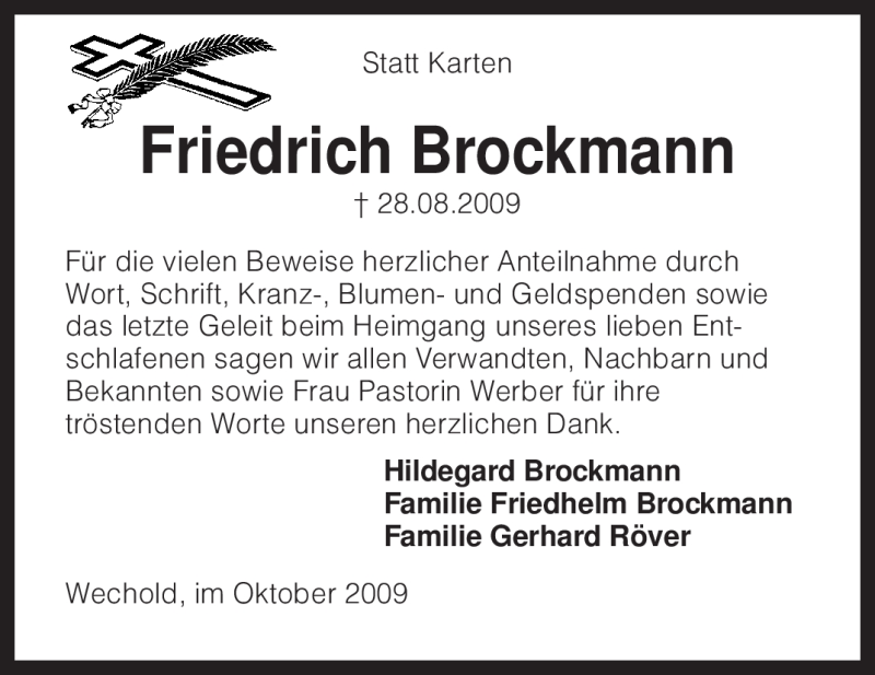  Traueranzeige für Friedrich Brockmann vom 02.10.2009 aus KREISZEITUNG SYKE