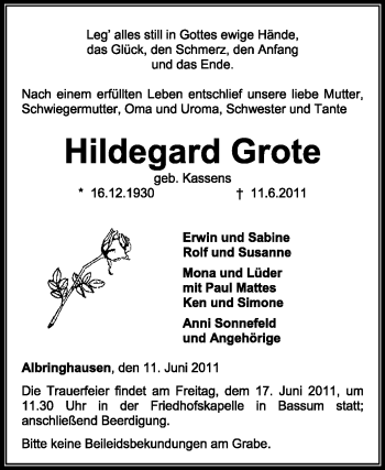 Traueranzeige von Hildegard Grote von KREISZEITUNG SYKE