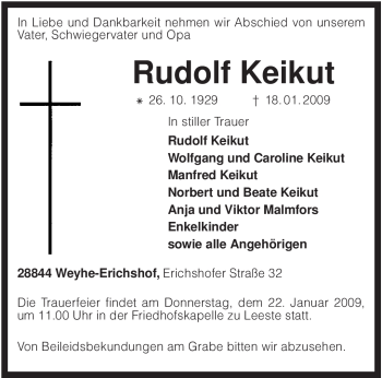 Traueranzeige von Rudolf Keikut von KREISZEITUNG SYKE