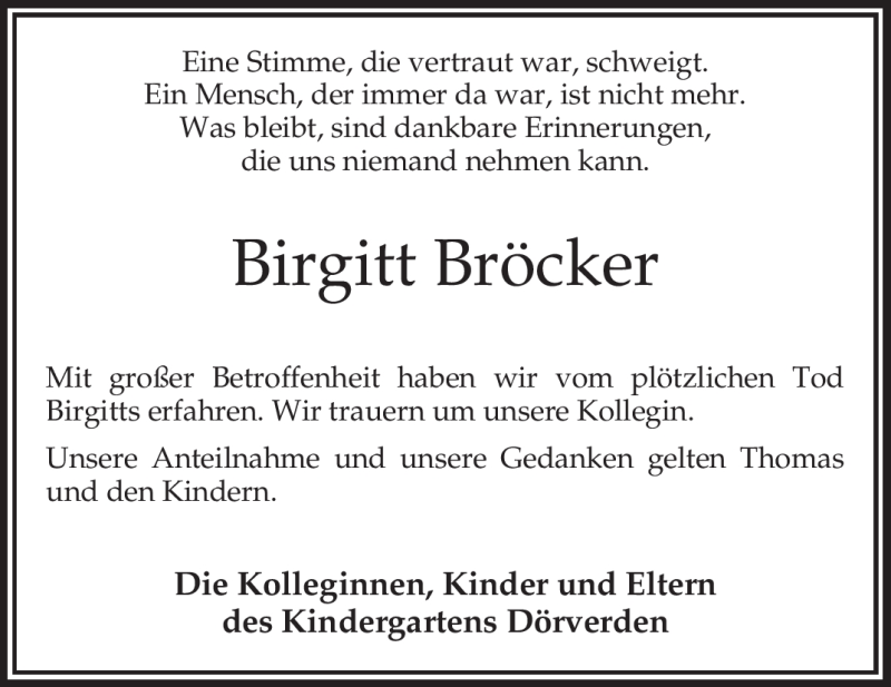  Traueranzeige für Birgitt Bröcker vom 30.06.2010 aus KREISZEITUNG SYKE