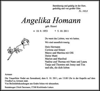 Traueranzeige von Angelika Homann von KREISZEITUNG SYKE