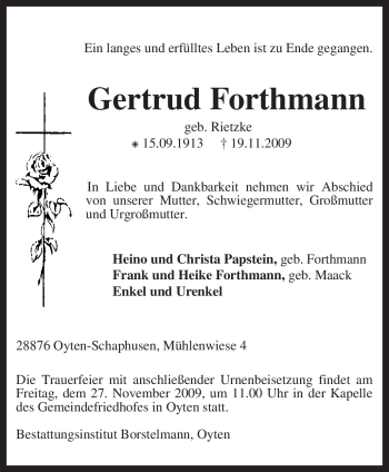 Traueranzeige von Gertrud Forthmann von KREISZEITUNG SYKE