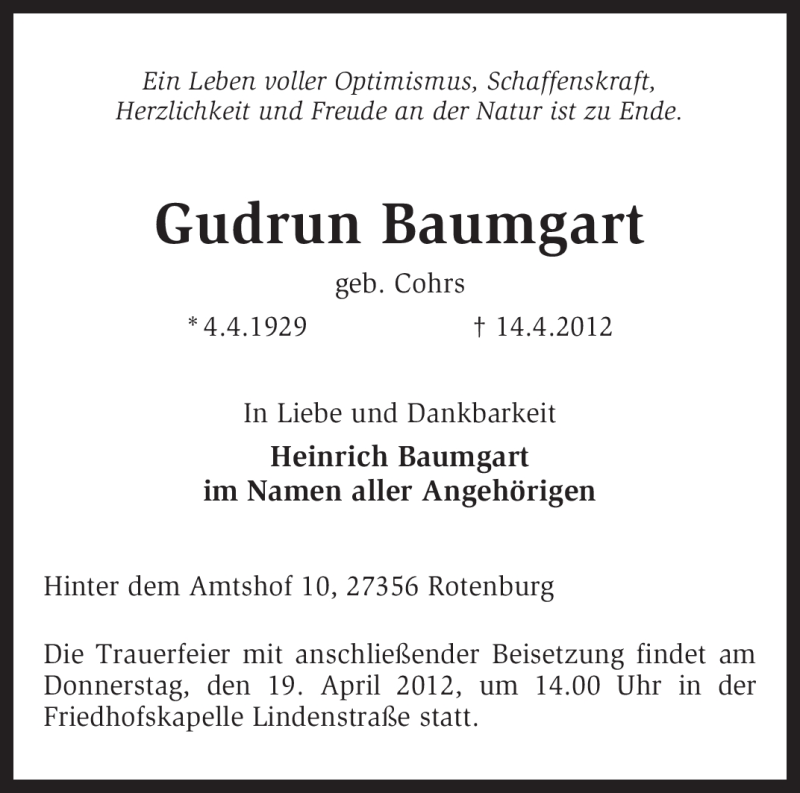  Traueranzeige für Gudrun Baumgart vom 17.04.2012 aus KREISZEITUNG SYKE