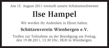 Traueranzeige von Ilse Hampel von KREISZEITUNG SYKE