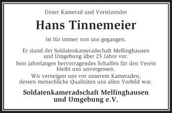 Traueranzeige von Hans Tinnemeier von KREISZEITUNG SYKE