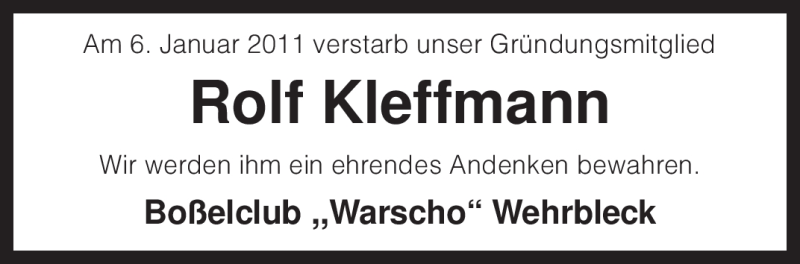  Traueranzeige für Rolf Kleffmann vom 12.01.2011 aus KREISZEITUNG SYKE