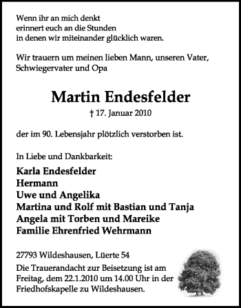 Traueranzeige von Martin Endesfelder von KREISZEITUNG SYKE