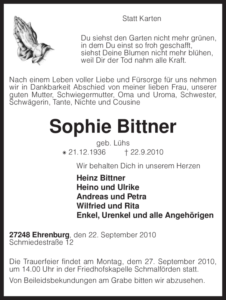  Traueranzeige für Sophie Bittner vom 24.09.2010 aus KREISZEITUNG SYKE