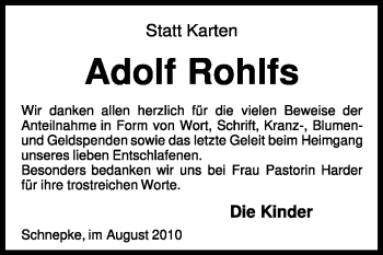 Traueranzeige von Adolf Rohlfs von KREISZEITUNG SYKE