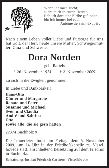 Traueranzeige von Dora Norden von KREISZEITUNG SYKE