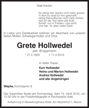 Traueranzeige von Grete Hollwedel von KREISZEITUNG SYKE