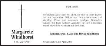 Traueranzeige von Margarete Windhorst von KREISZEITUNG SYKE