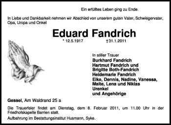 Traueranzeige von Eduard Fandrich von KREISZEITUNG SYKE