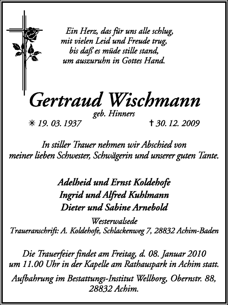  Traueranzeige für Gertraud Wischmann vom 05.01.2010 aus KREISZEITUNG SYKE